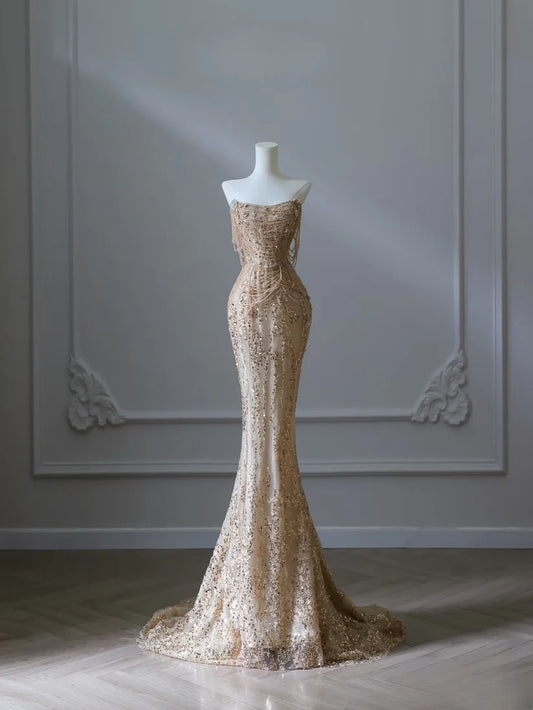 Gold Hübsches Meerjungfrau-Kleid, schulterfrei, langes, mit Perlen besetztes Ballkleid mit Pailletten, formelles Abendkleid, NV4112