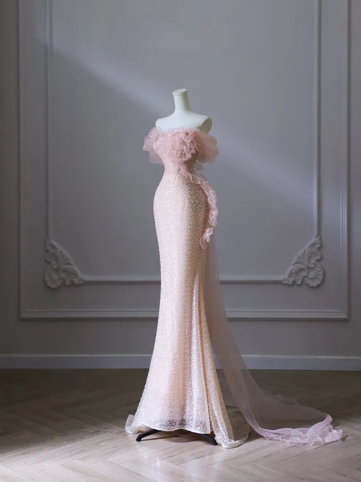 Pink gorgeous shiny beautiful fashionable elegant off-shoulder sequined long mermaid slim prom dress evening dress nv3792
