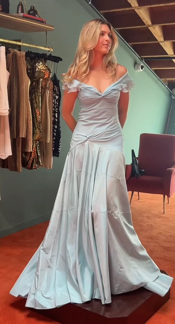 Elegantes Meerjungfrau-Abendkleid im himmelblauen Satin mit schulterfreiem Ausschnitt, Ballkleid nv4152