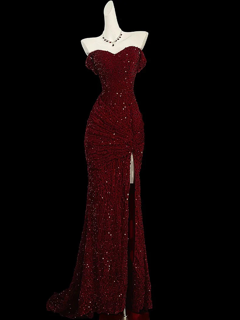 Elegantes Meerjungfrau-Abendkleid mit Herzausschnitt und Schlitz in Rot mit Pailletten, lang, Ballkleid nv4151