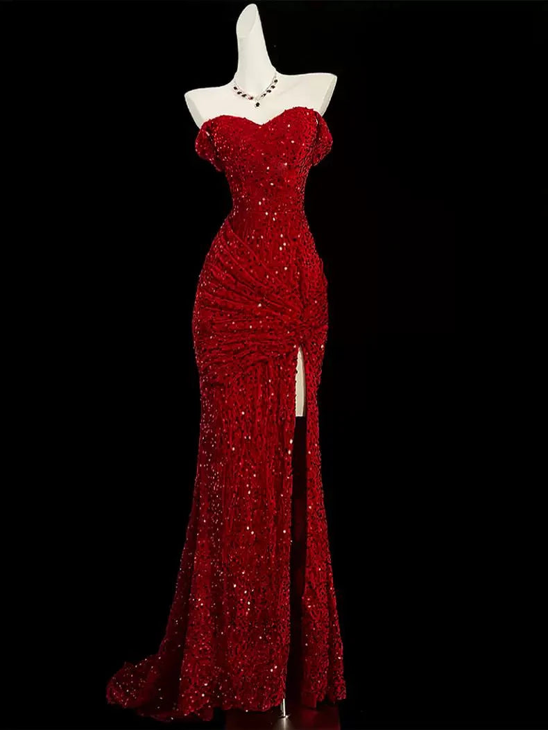 Elegantes Meerjungfrau-Abendkleid mit Herzausschnitt und Schlitz in Rot mit Pailletten, lang, Ballkleid nv4151