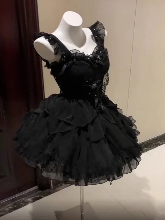 Black Short Lace Princess Tulle Homecoming Dress Birthday Party Dress nv4698