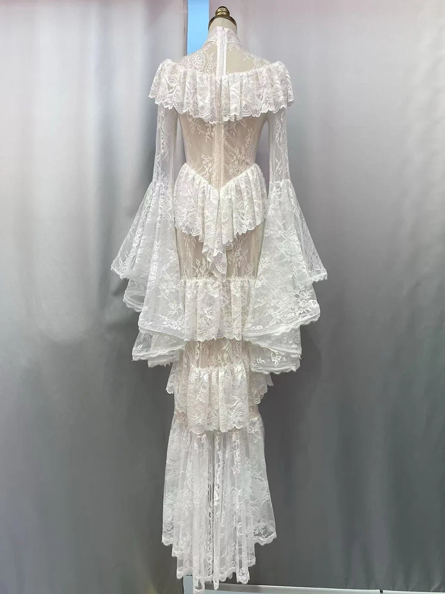Gothic Dark Style Vintage Luxury Fairy Style High-Neck Bell-Sleeve Gown | Black/White Lace Sheer Multi-Layer Ruffled Maxi Dress for Wedding Retro Theme Party Luxury Dinner NV6284