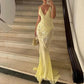 Yellow Fashion Elegant V-neck Mermaid Tulle Sequin Long Prom Dress Evening Gown Party Dress nv2441