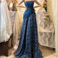 Sapphire blue exquisite beaded pleated elegant and charming retro fashion floral long taffeta lace ball gown evening dress nv4316