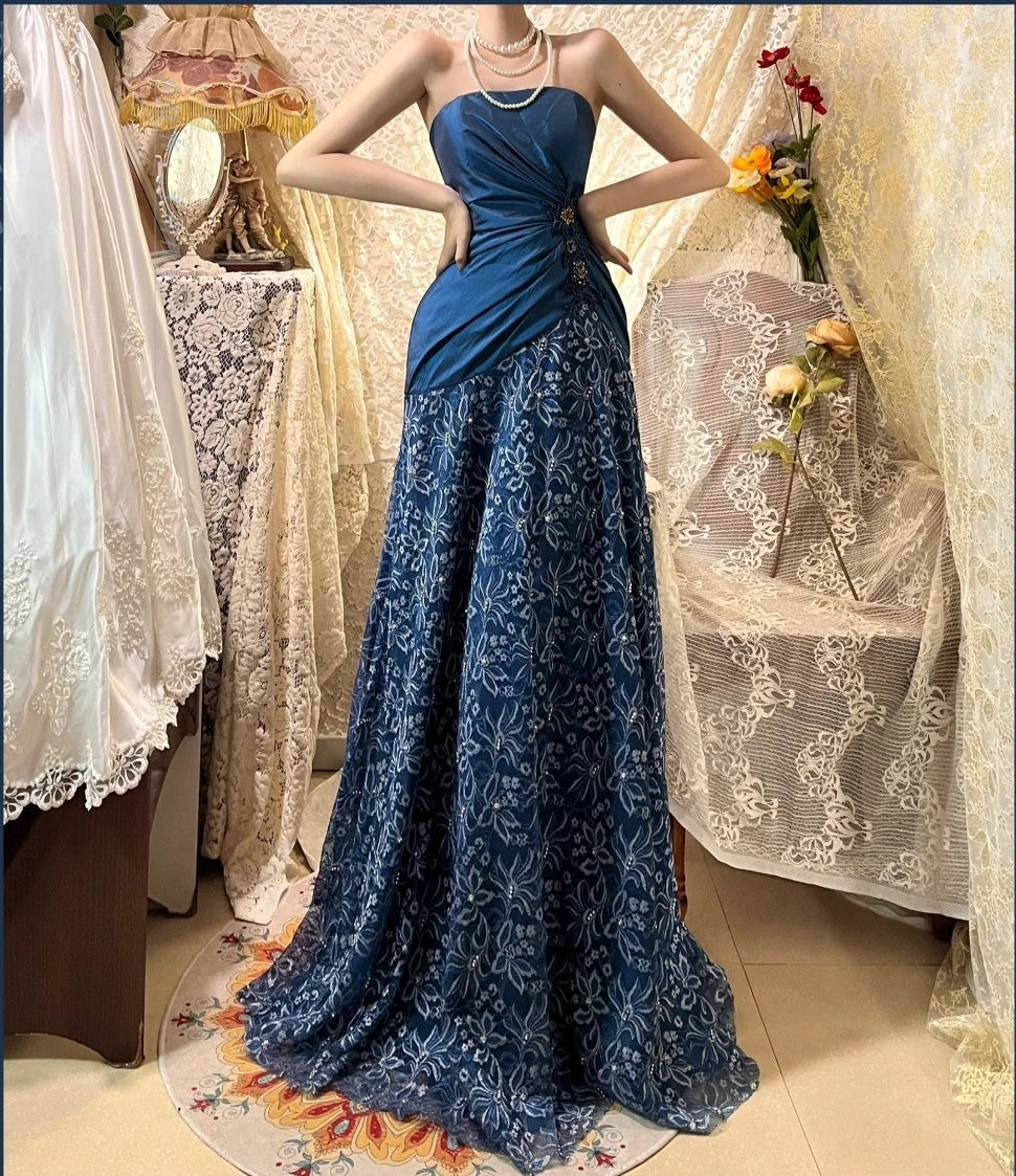 Sapphire blue exquisite beaded pleated elegant and charming retro fashion floral long taffeta lace ball gown evening dress nv4316
