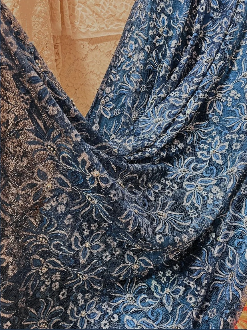 Sapphire blue exquisite beaded pleated elegant and charming retro fashion floral long taffeta lace ball gown evening dress nv4316