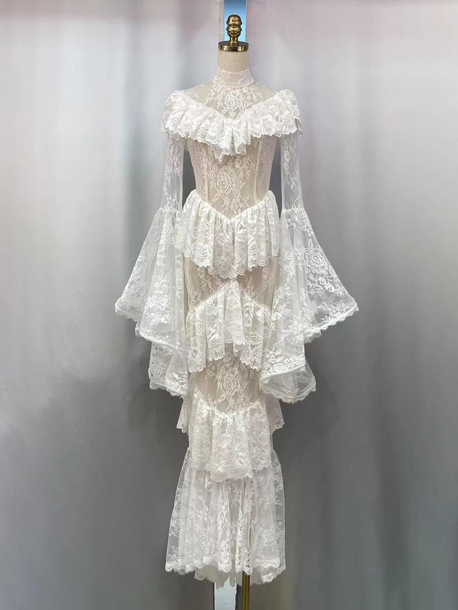 Gothic Dark Style Vintage Luxury Fairy Style High-Neck Bell-Sleeve Gown | Black/White Lace Sheer Multi-Layer Ruffled Maxi Dress for Wedding Retro Theme Party Luxury Dinner NV6284