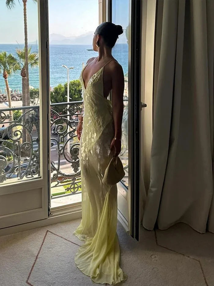 Yellow Fashion Elegant V-neck Mermaid Tulle Sequin Long Prom Dress Evening Gown Party Dress nv2441