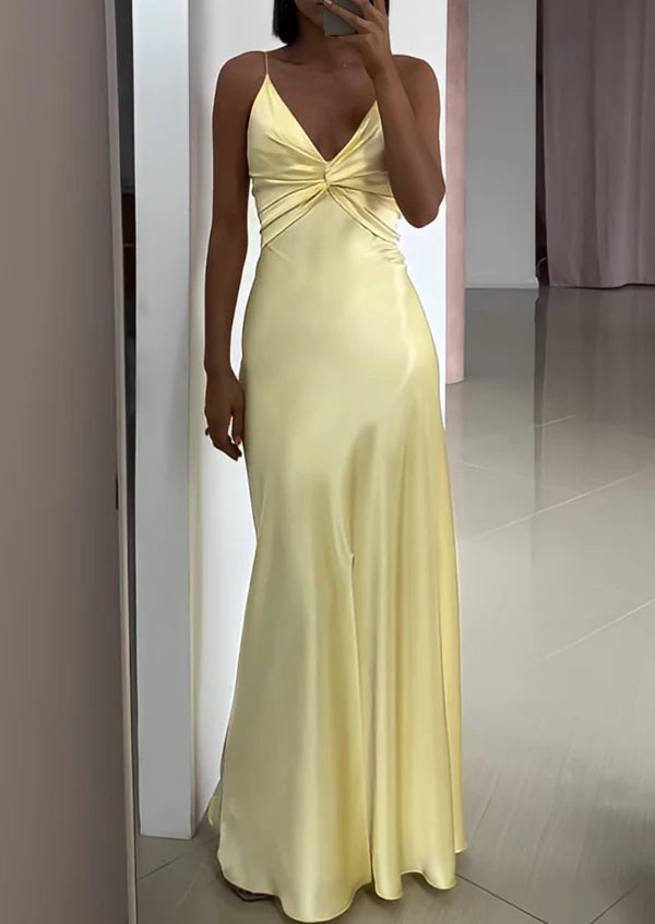 Yellow Fashion Elegant Satin Backless Long Spaghetti Straps Evening Gown Prom Dress nv1667
