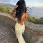 Yellow Fashion Elegant V-neck Mermaid Tulle Sequin Long Prom Dress Evening Gown Party Dress nv2441