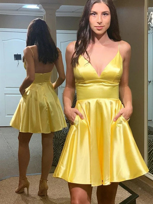 Simple V Neck Backless Yellow Satin Long Prom Homecoming Dresses, Backless Yellow Formal Graduation Evening Dresses nv1514