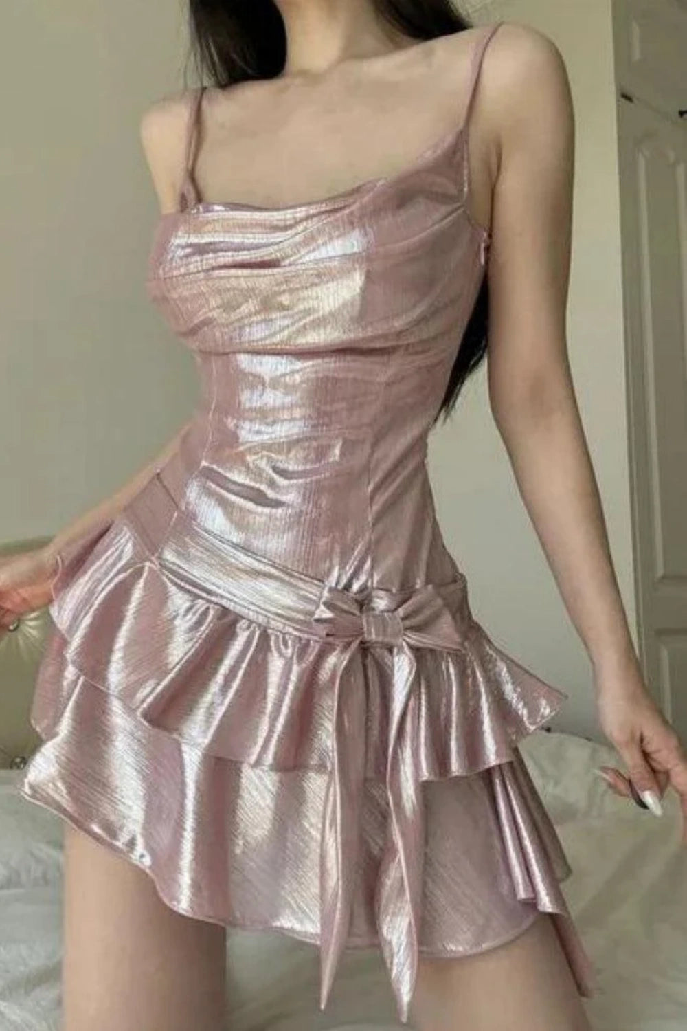 Sweet Spaghetti Strap Ruffle Short Satin Girls Mini Homecoming Dress Party Dress nv5438