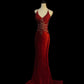 Rot Wunderschöne Elegante Exquisite Edelstein Perlen Lange Satin Bodenlangen Schleppende Ballkleid Abendkleid Partykleid Ballkleid nv3919