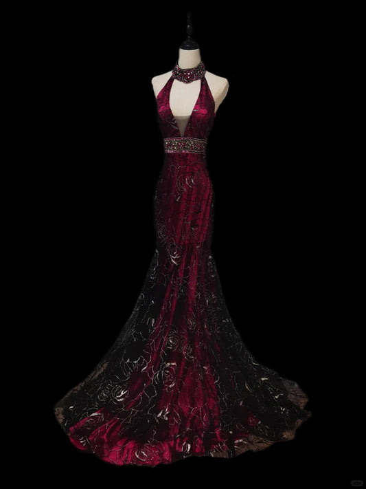 Lila Luxus Wunderschöne Elegante V-Ausschnitt Exquisite Edelstein Perlen Lange Meerjungfrau Schlank Satin Tüll Bodenlangen Schleppende Ballkleid Abendkleid Partykleid nv3922