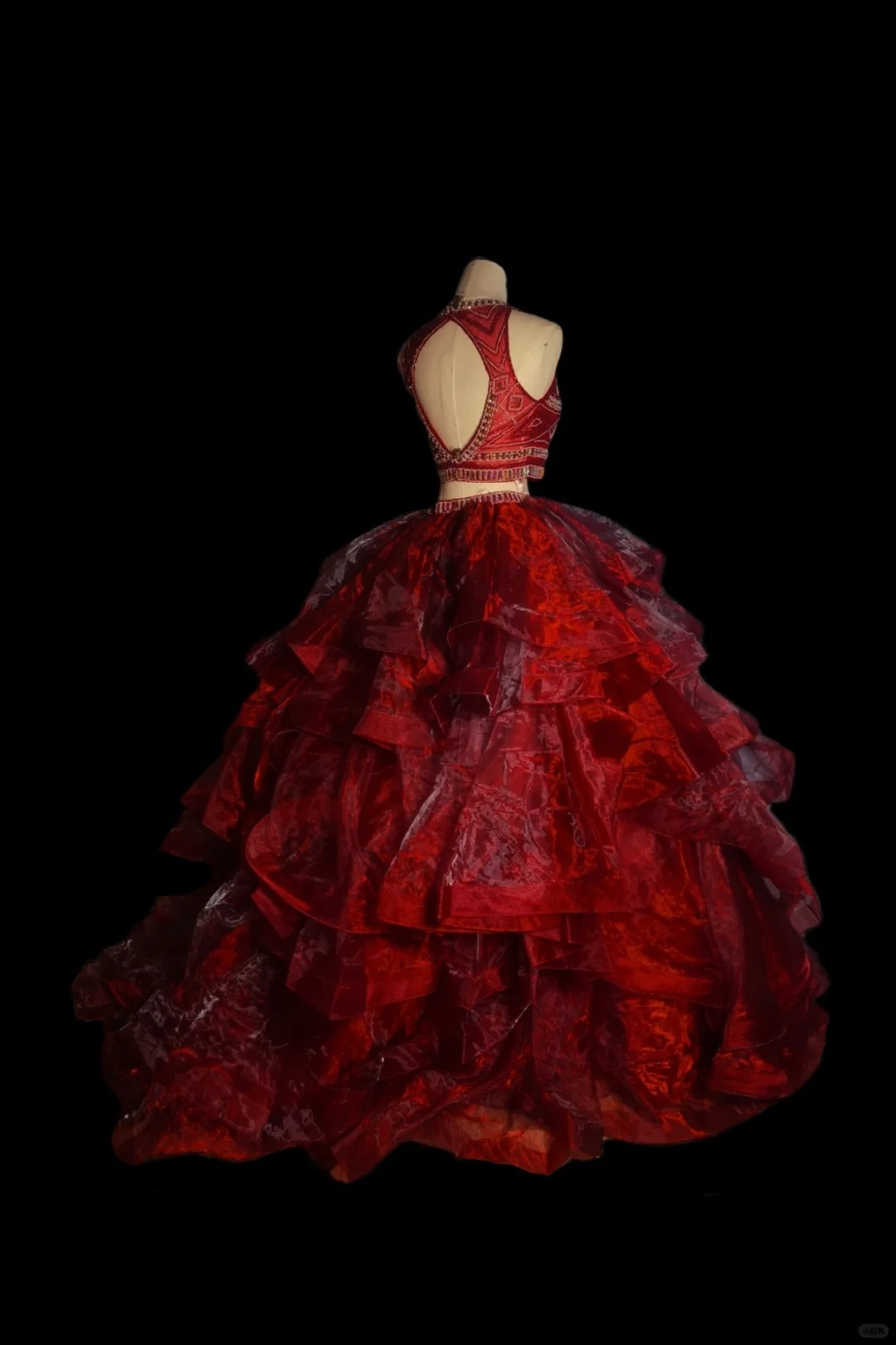 Rotes luxuriöses, wunderschönes, elegantes, exquisites, mit Edelsteinen besetztes, langes, bodenlanges Tüll-Ballkleid-Abendkleid, zweiteiliges Set, NV3920