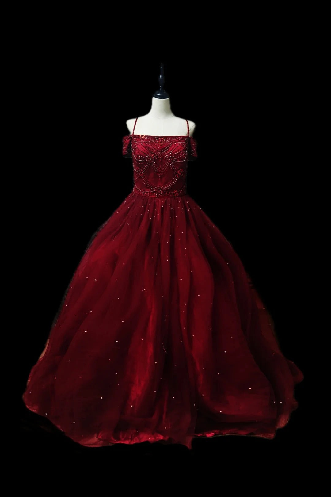 Rotes luxuriöses, wunderschönes, elegantes, exquisites, mit Edelsteinen besetztes, langes, bodenlanges Tüll-Ballkleid, NV3921