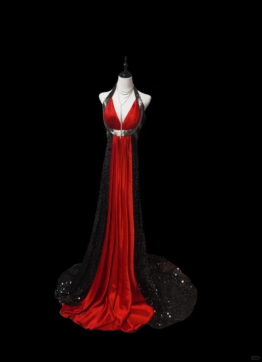 Schwarz rot wunderschöne retro modische V-Ausschnitt elegante und exquisite Pailletten lange Satin bodenlangen Schwanz Ballkleid Abendkleid Ballkleid nv3943