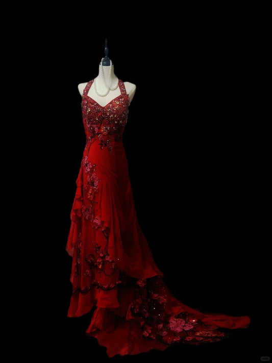 Rosa Wunderschöne Vintage Mode Exquisite Edelstein Perlen Lange Tüll Satin Rüschen Bodenlangen Schleppe Ballkleid Abendkleid Partykleid Ballkleid nv3916