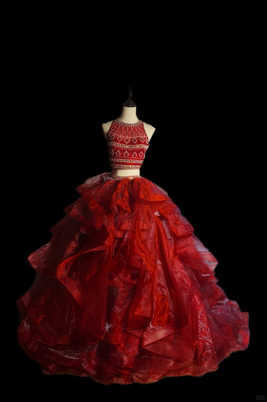 Rotes luxuriöses, wunderschönes, elegantes, exquisites, mit Edelsteinen besetztes, langes, bodenlanges Tüll-Ballkleid-Abendkleid, zweiteiliges Set, NV3920