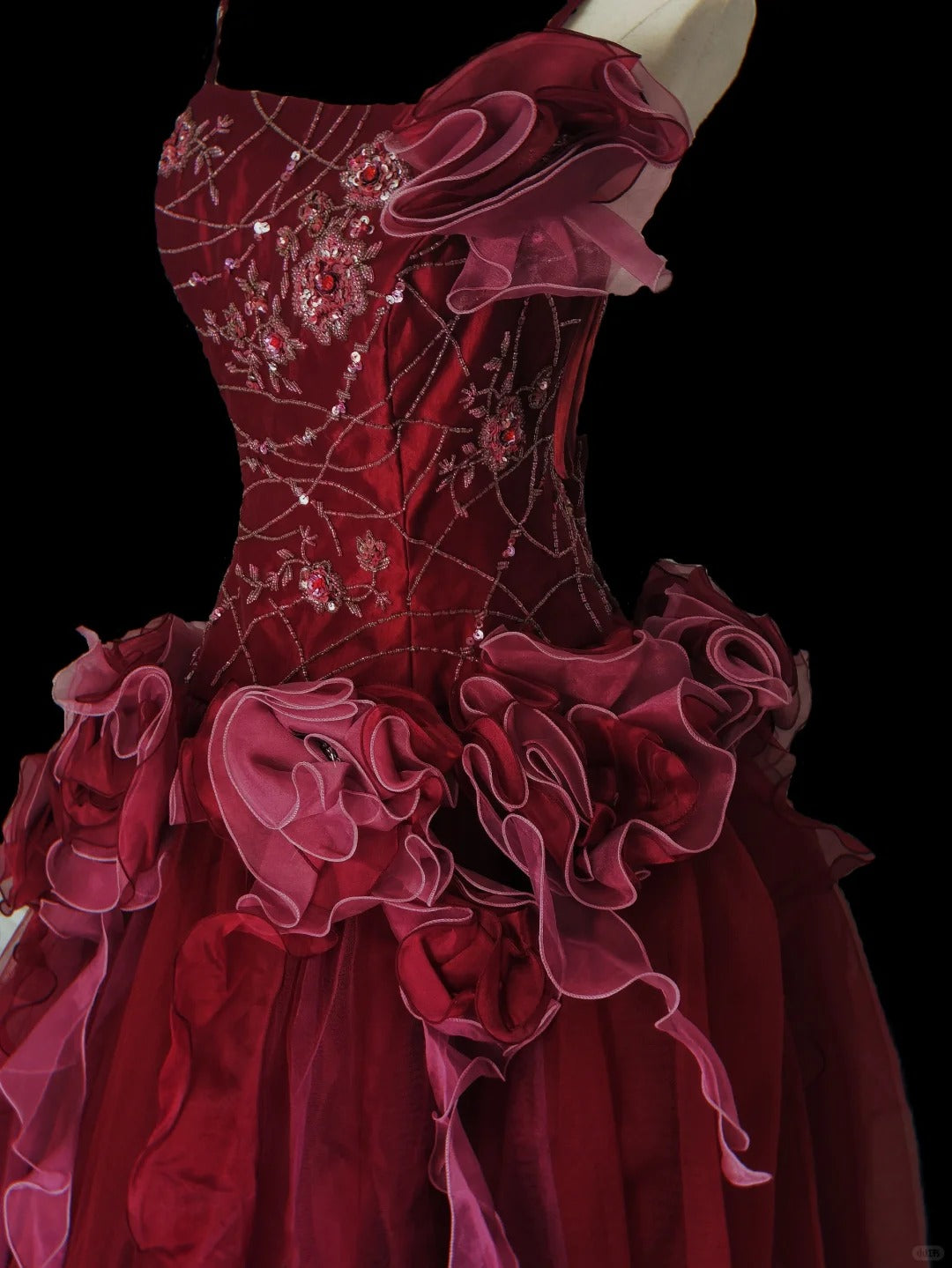 Robe de soirée longue en tulle, rouge, élégante et délicate, à fleurs et perles, nv3898