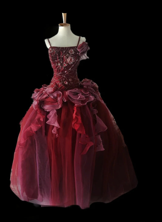 Rotes wunderschönes, zartes, elegantes, florales, perlenbesetztes, langes Tüll-Ballkleid, Abendkleid, Abschlussballkleid nv3898