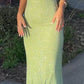 Robe de soirée longue à bretelles spaghetti vert citron, volantée, brillante, élastique, fente, dégradé de couleur, sirène, robe de bal, robe de soirée nv2407