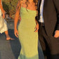 Robe de soirée longue à bretelles spaghetti vert citron, volantée, brillante, élastique, fente, dégradé de couleur, sirène, robe de bal, robe de soirée nv2407