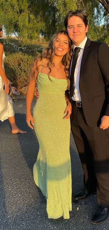 Robe de soirée longue à bretelles spaghetti vert citron, volantée, brillante, élastique, fente, dégradé de couleur, sirène, robe de bal, robe de soirée nv2407