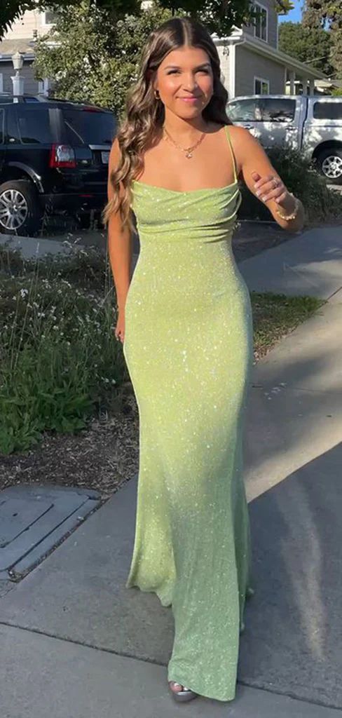Robe de soirée longue à bretelles spaghetti vert citron, volantée, brillante, élastique, fente, dégradé de couleur, sirène, robe de bal, robe de soirée nv2407