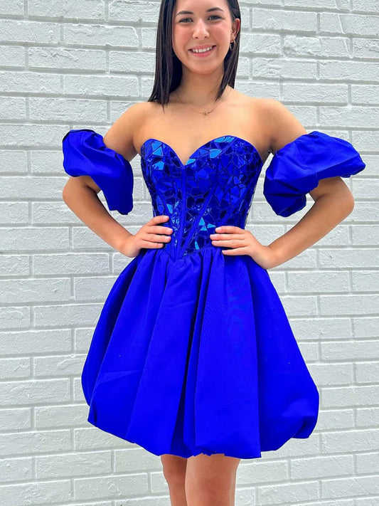 Strapless Mirror Sequins Royal Blue Short Prom Dresses, Royal Blue Mirror Sequins Homecoming Dresses, Royal Blue Formal Graduation Evening Dresses nv1479