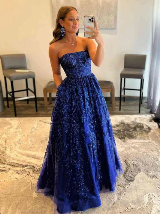 Robe de soirée longue en dentelle bleu marine sans bretelles avec poche nv1558