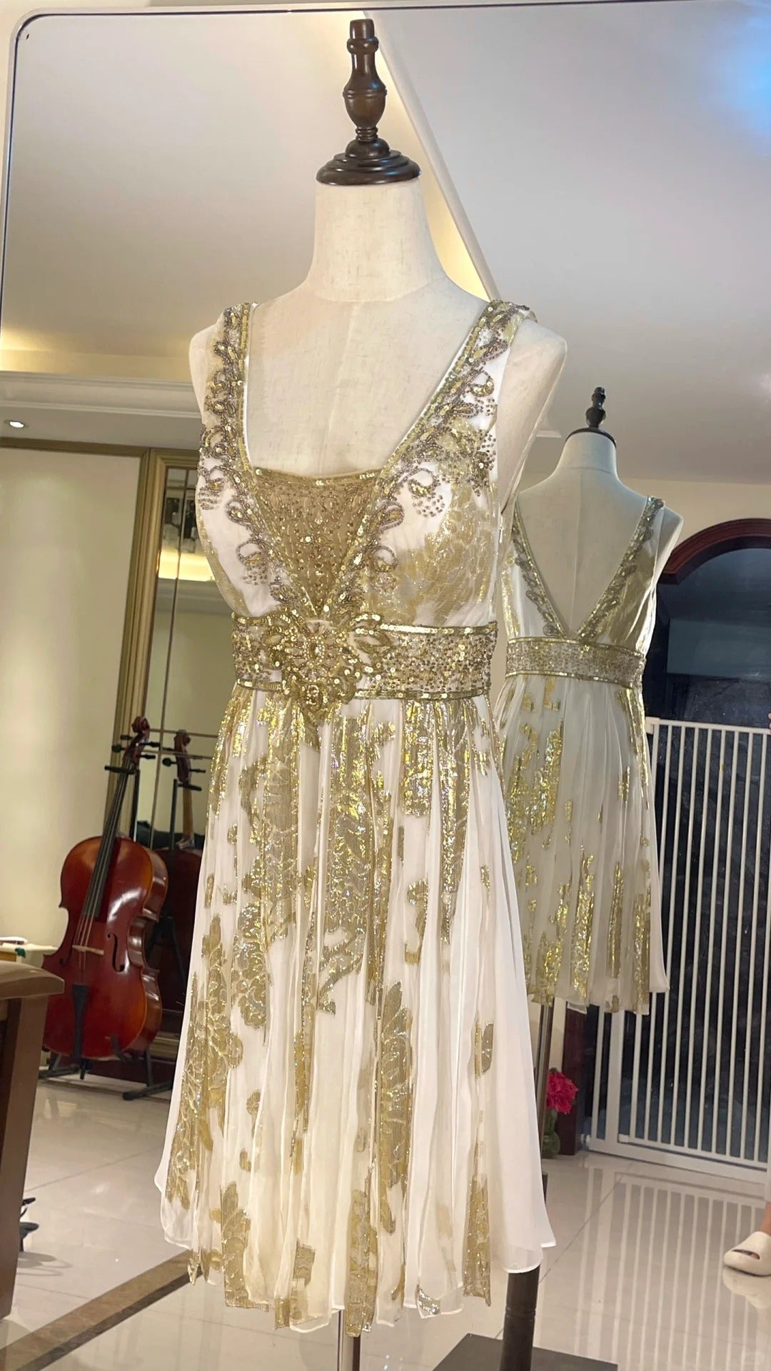✨Golden Streamer Vintage Satin Beaded Short Homecoming Dress Birthday Party Dress nv5429