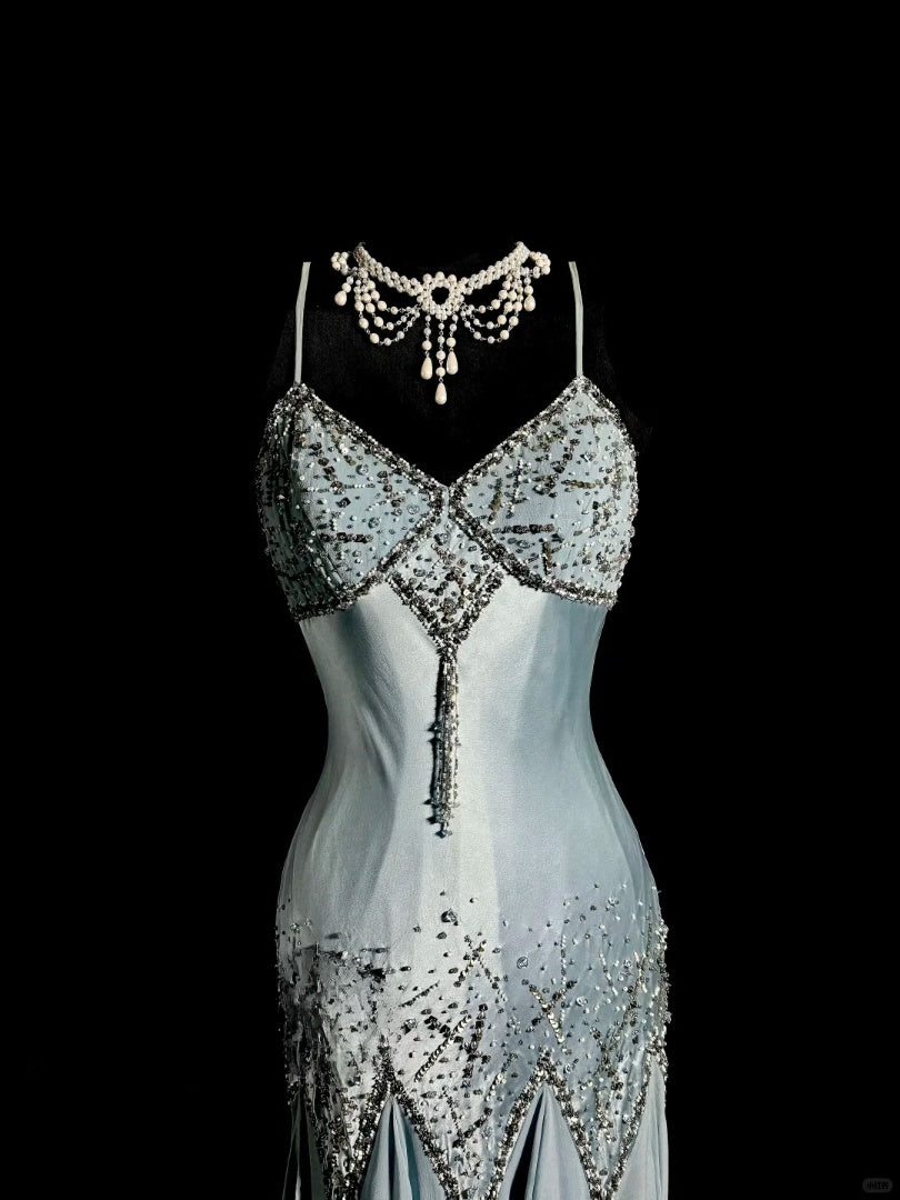 Haze blue satin handmade beading exquisite beautiful short homecoming dress prom dress evening dress birthday party dress nv4719