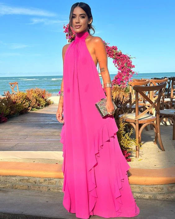 Robe de soirée en mousseline de soie rose vif, simple, coupe trapèze, sans manches, robe de bal, robe d'invité de mariage, robe de soirée, nv2255