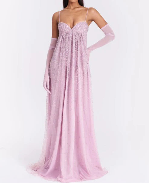Pink gorgeous shiny spaghetti strap off-shoulder long chiffon prom dress evening dress nv5213