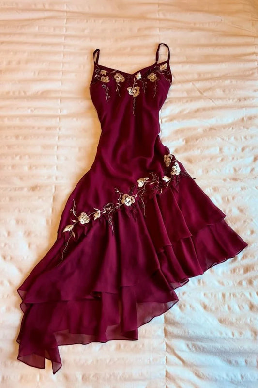Pretty Burgundy V Neck Chiffon Appliques Short Homecoming Dress Birthday Outfits nv5376