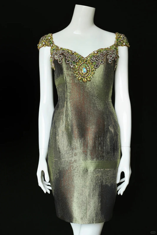 🌿Moss Green Short Satin Beaded Homecoming Dress Birthday Dress nv5141