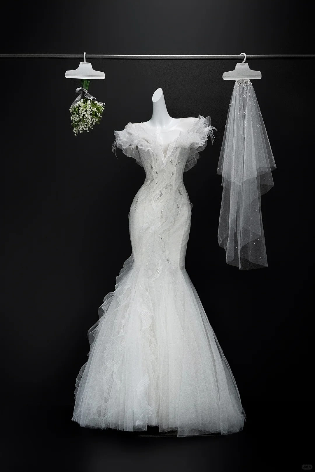 White Elegant Romantic Fashion Long Mermaid Slim Tulle Ball Gown Evening Gown Wedding Dress nv4038