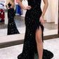 Süßes Meerjungfrau-Ballkleid mit V-Ausschnitt und schwarzen Pailletten und Schlitz, nv965