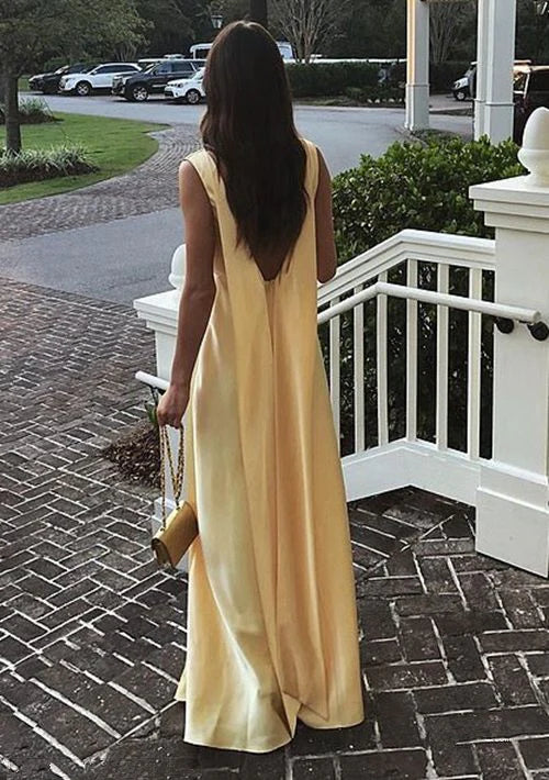 Hellgelbes, schlichtes A-Linien-Ballkleid aus Satin mit V-Ausschnitt, langes Ballkleid, Bankettkleid, Abendkleid, Partykleid, nv2500