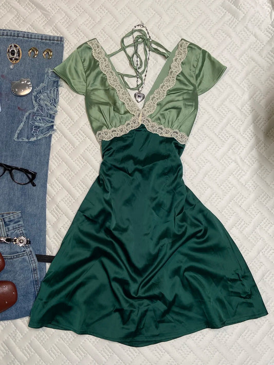 NiceVestidos--Short satin homecoming dress for girls green v-neck retro dress retro wear lace v-neck dress NV5659
