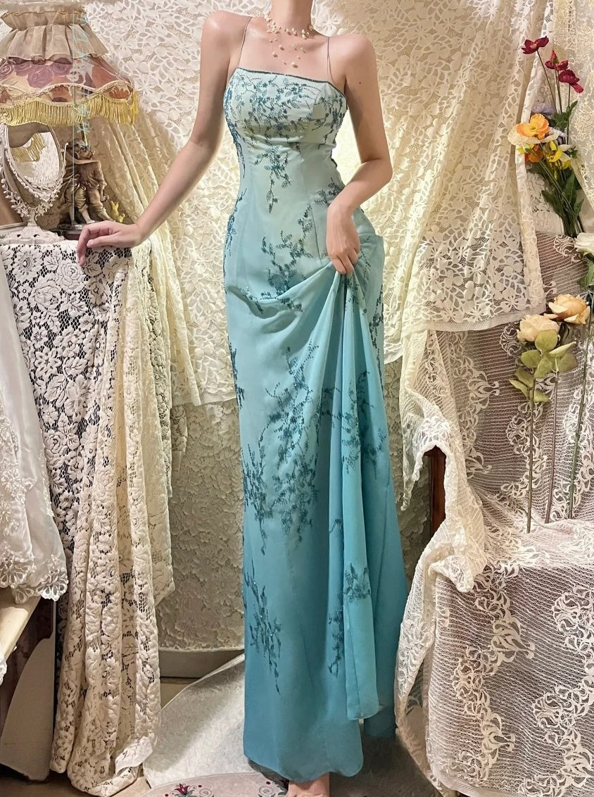 Blue exquisite beading vintage fashion floral long satin ball gown evening dress nv4315