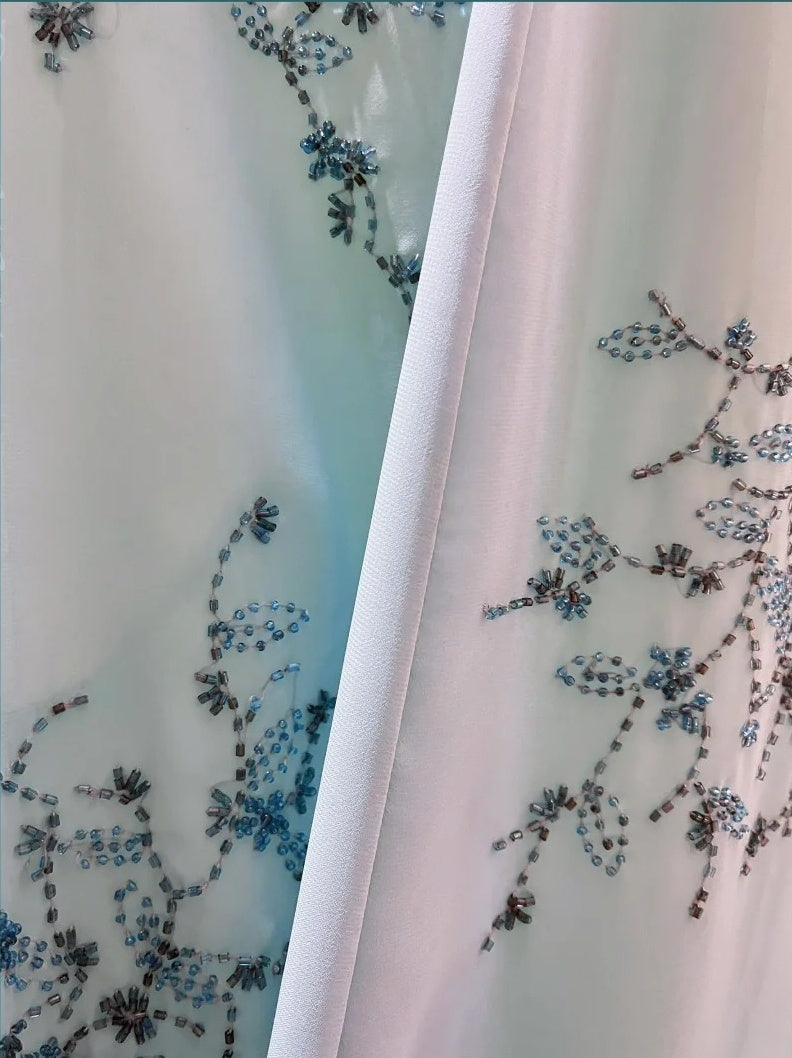 Blue exquisite beading vintage fashion floral long satin ball gown evening dress nv4315