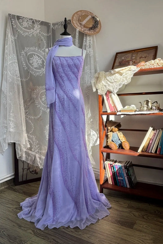 Romantic Luxury Style Lavender Beaded Camisole Crisscross-Back Train Gown - Elegant Dress for Garden Wedding & Dinner NV6363