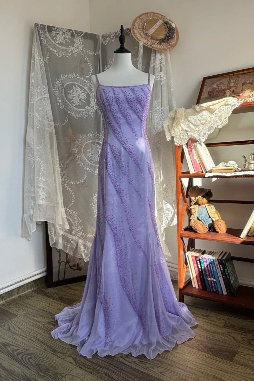 Romantic Luxury Style Lavender Beaded Camisole Crisscross-Back Train Gown - Elegant Dress for Garden Wedding & Dinner NV6363