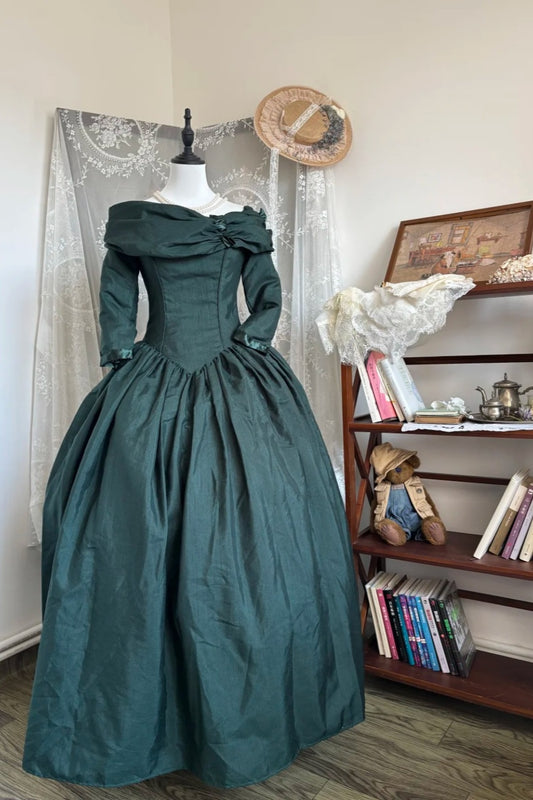 Victorian Retro Style Dark Green Off-Shoulder Leg-of-Mutton Sleeve Court Ballgown - Theme Ball & Cosplay Dress NV6364