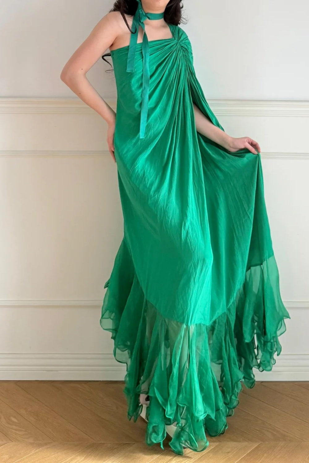 Long chiffon evening gown Vintage emerald green NV6746
