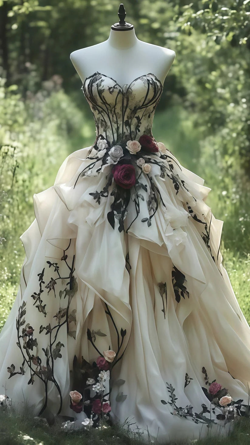 Boho Retro Style Champagne & Black Vine Embroidery Strapless Train Ballgown Light Wedding Dress - Outdoor Garden Wedding Guest Gown NV6340