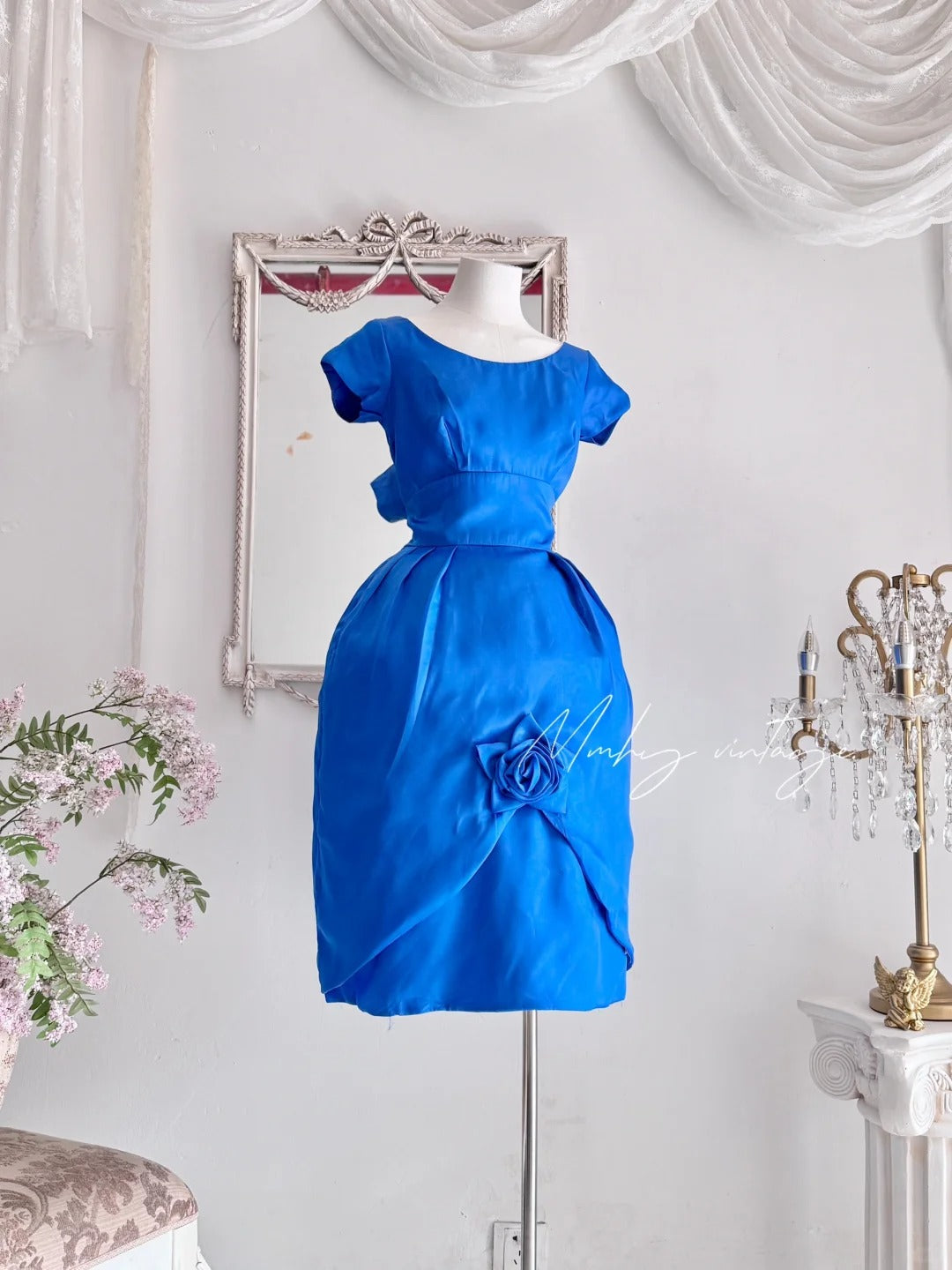 Klein blue retro fashion elegant flower bud floral embellishment exquisite waist very waist-revealing medium-length/short prom dress evening dress prom dress nv4085